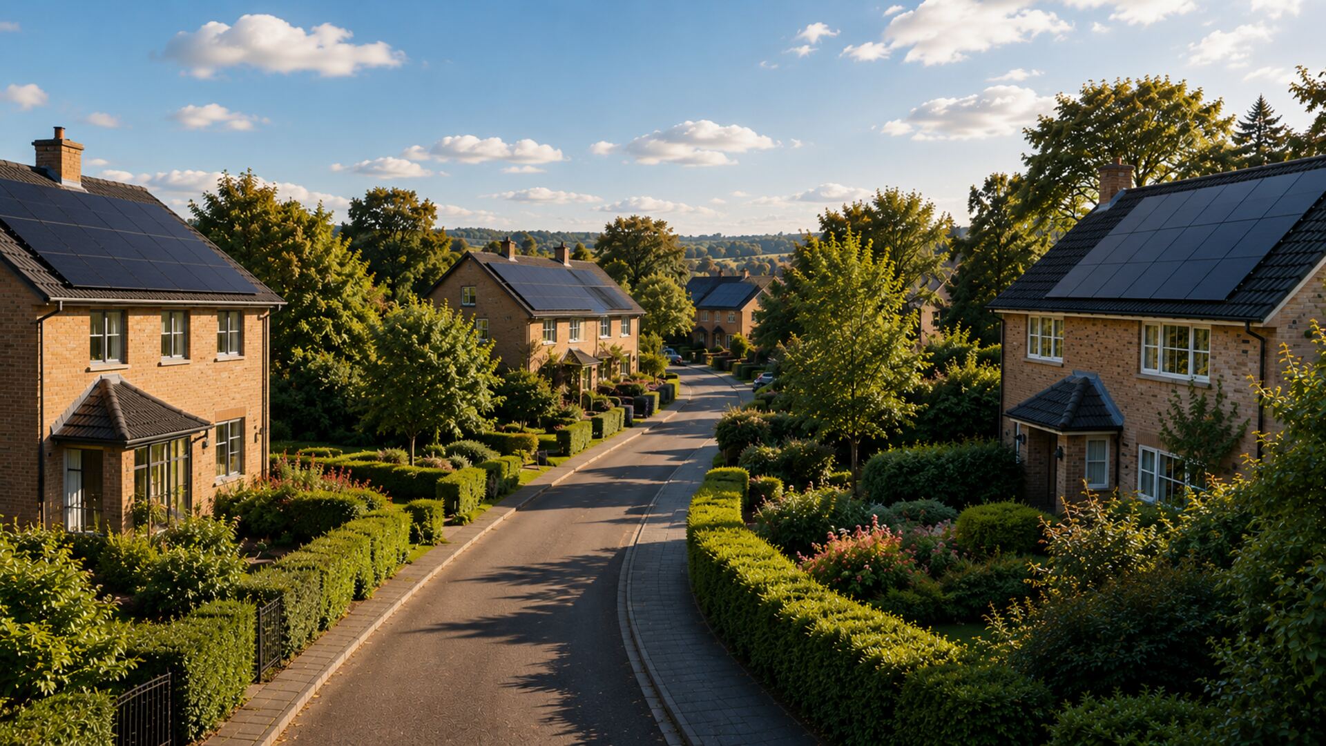 A quiet UK neighbourhood of well-kept homes, several with rooftop solar panels